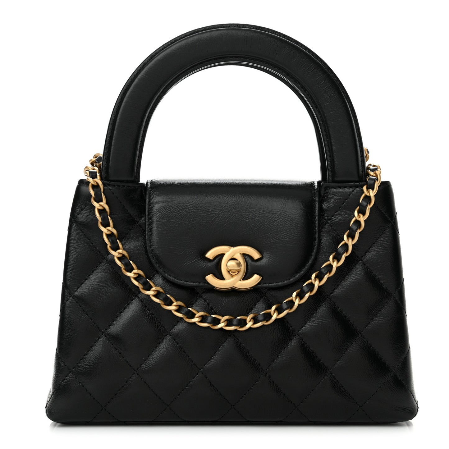 Shiny Aged Calfskin Quilted Nano Kelly Shopper Black