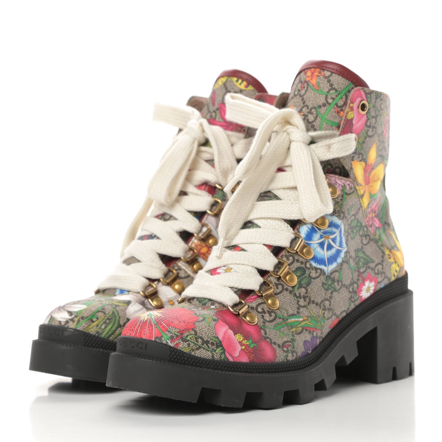 GG Supreme Monogram Flora Lace Up Combat Ankle Boots 38.5 Beige Multicolor Red