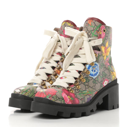 Gucci GG Supreme Monogram Flora Lace Up Combat Ankle Boots 38.5 Beige Multicolor Red 3 of 13