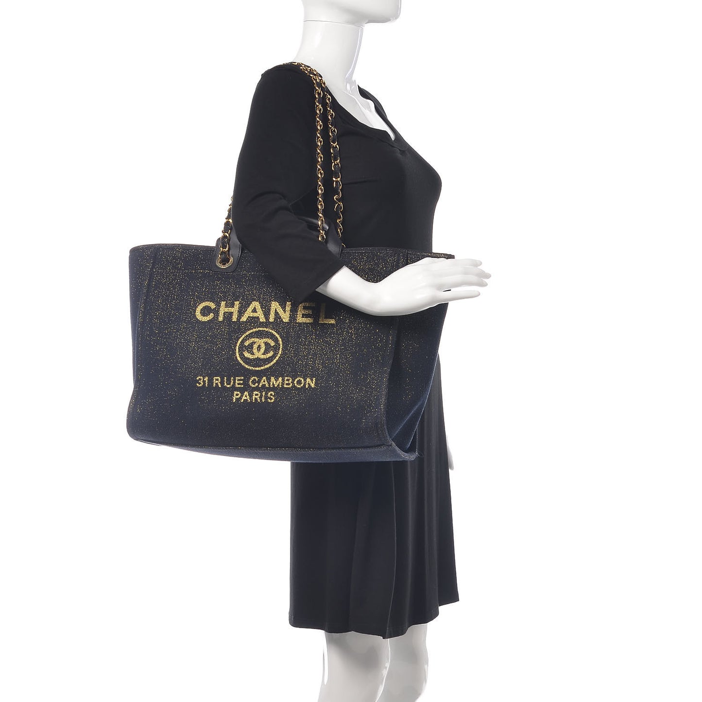 Lurex Canvas Medium Deauville Tote Navy Blue Gold