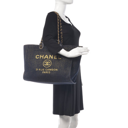 Chanel Lurex Canvas Medium Deauville Tote Navy Blue Gold 2 of 10