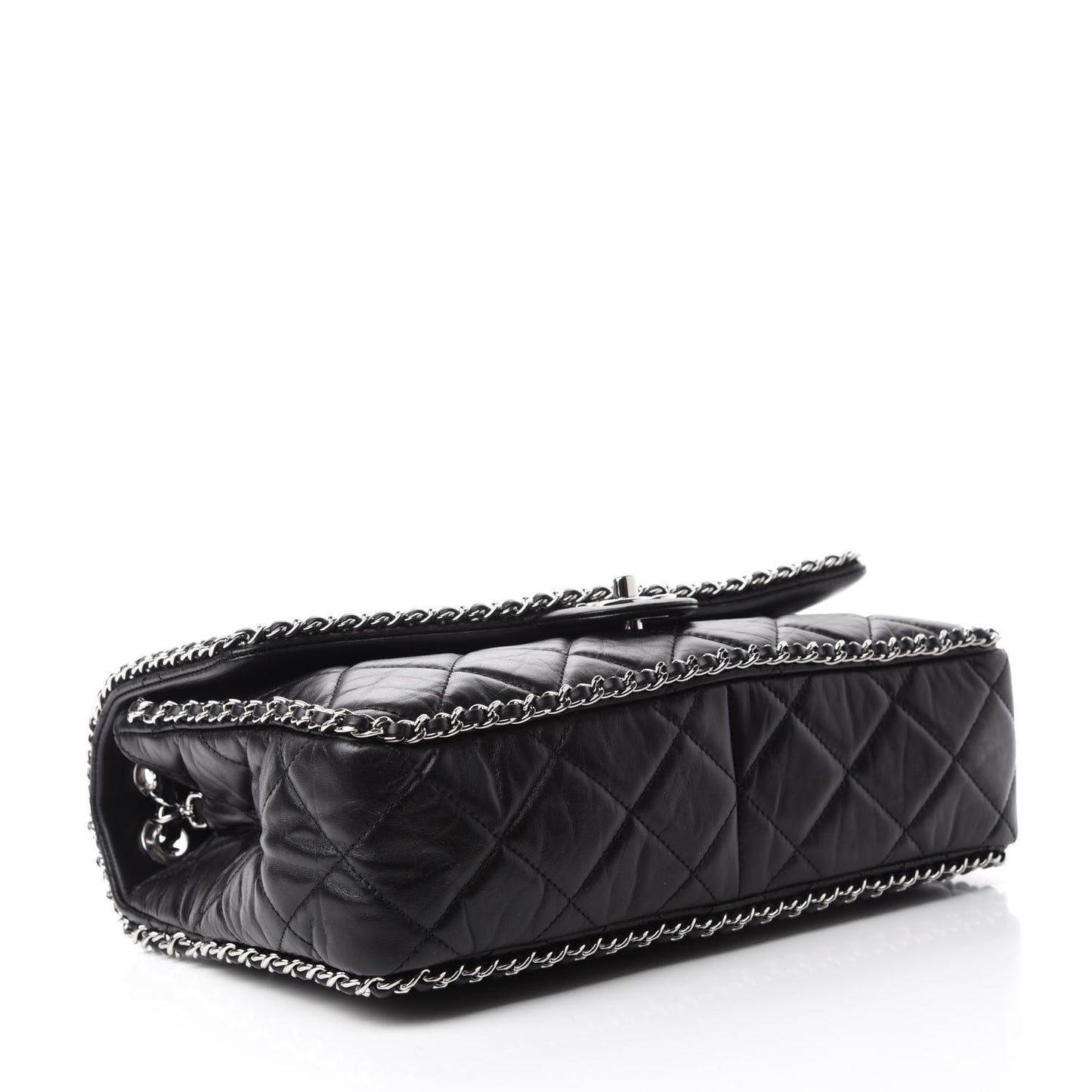 Crumpled Calfskin Quilted Large Chain All Over Flap Bag Black