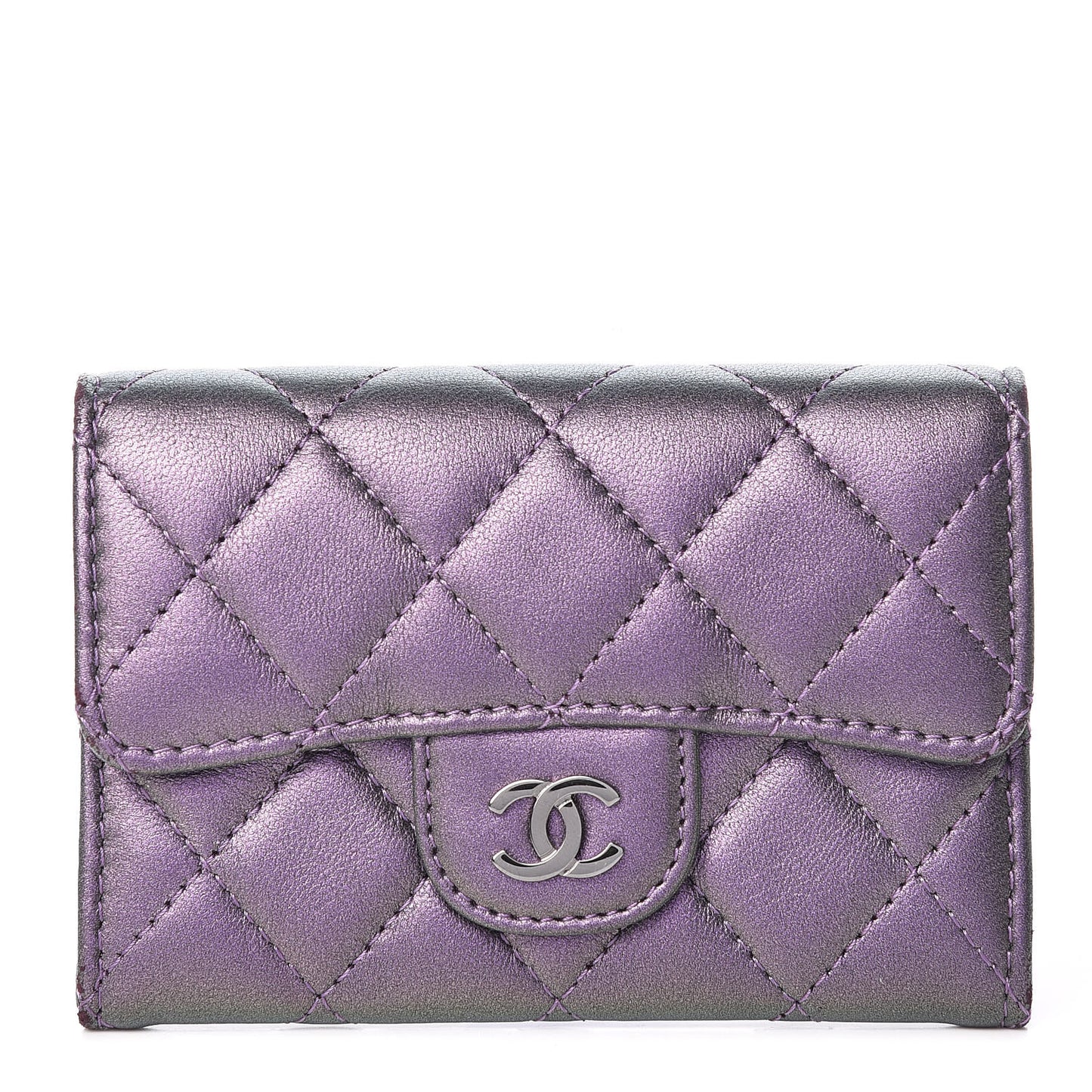 Metallic Lambskin Quilted Flap Card Holder Dark Purple