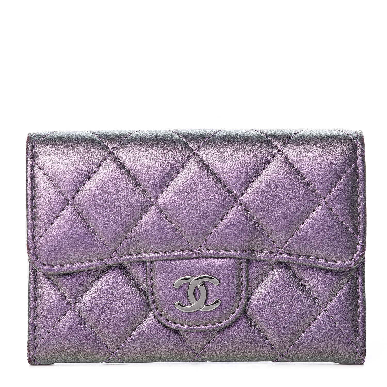 Chanel Metallic Lambskin Quilted Flap Card Holder Dark Purple 1 of 13