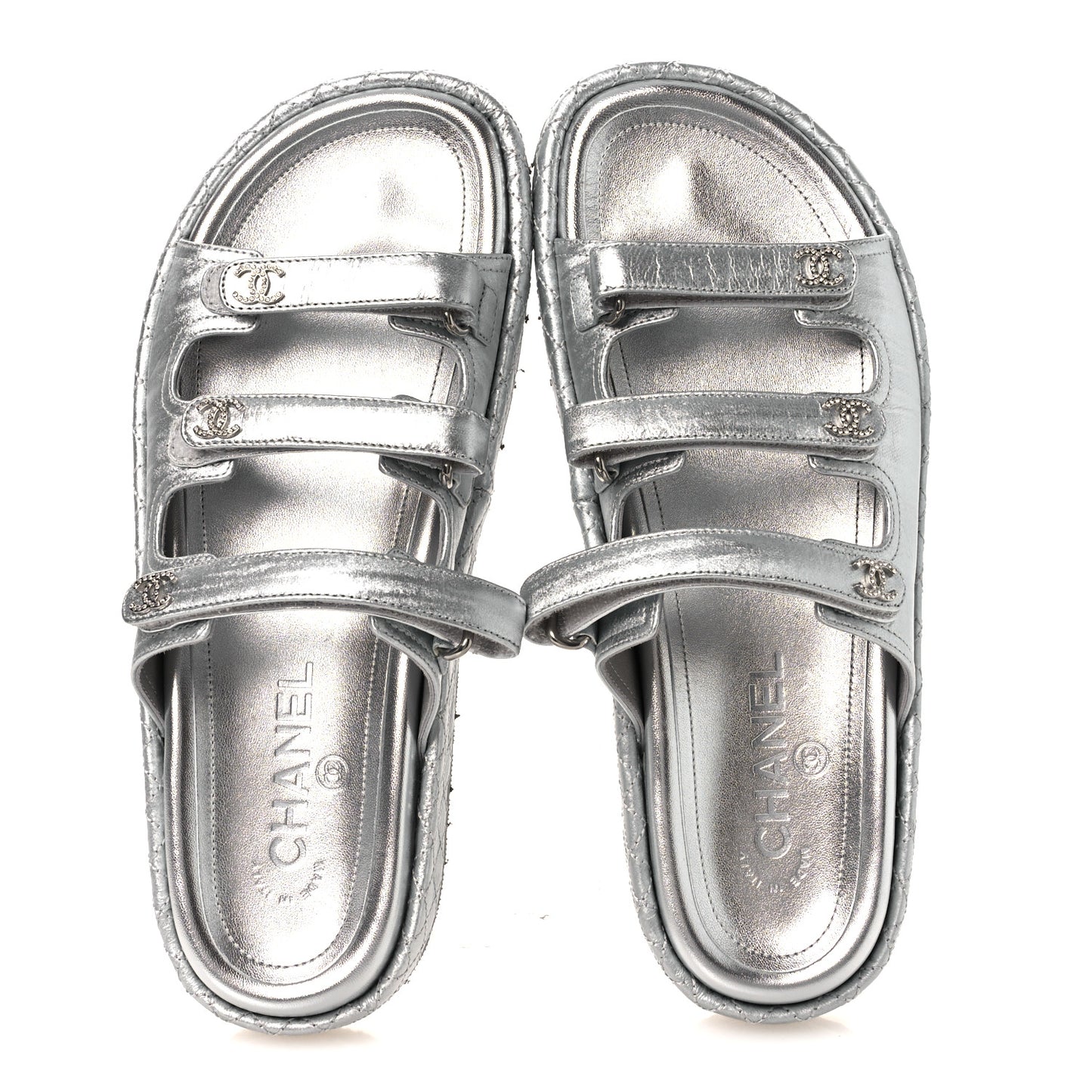 Laminated Lambskin Quilted Velcro Crystal CC Dad Slide Sandals Silver 37.5 Silver