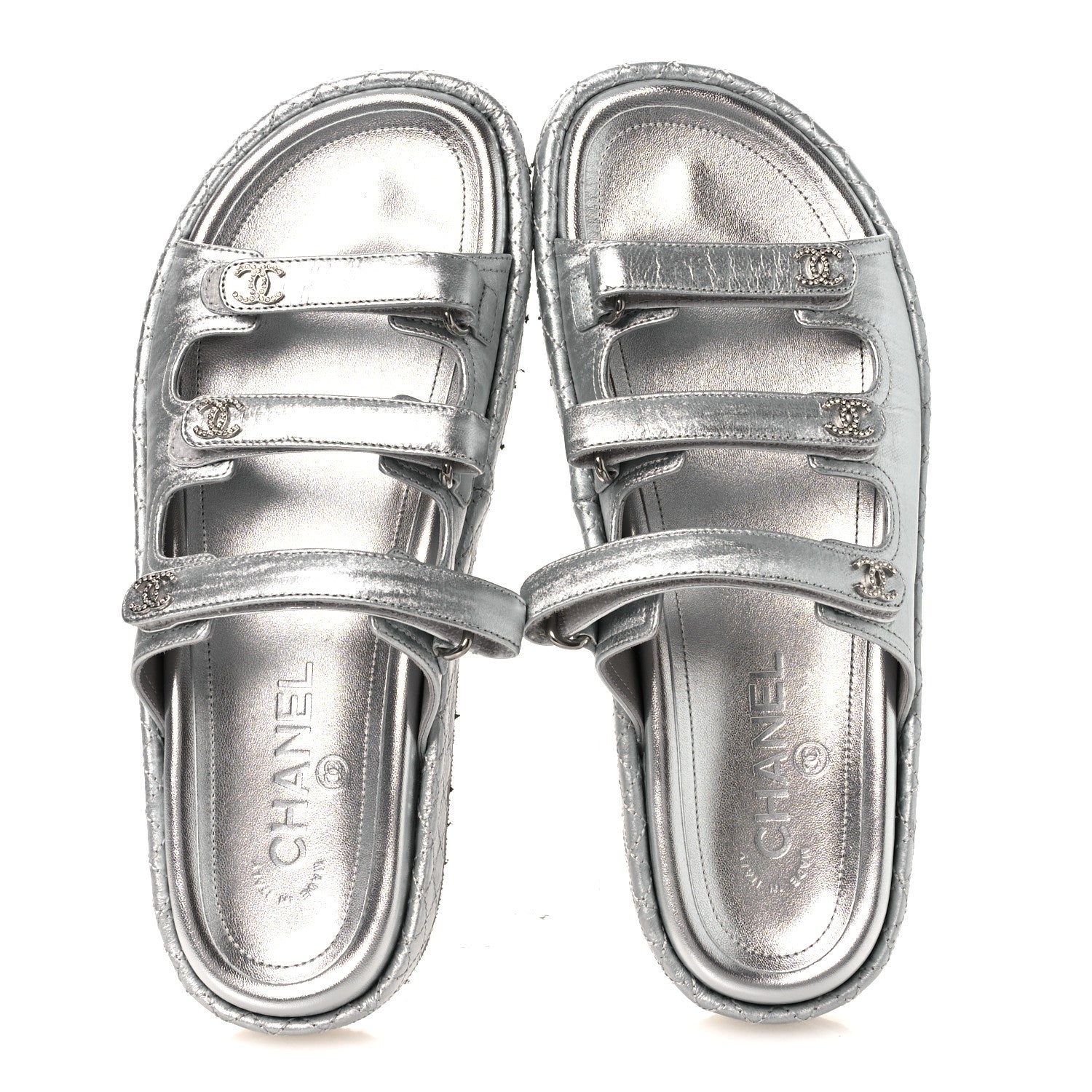 Chanel Laminated Lambskin Quilted Velcro Crystal CC Dad Slide Sandals Silver 37.5 Silver 2 of 11