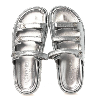 Chanel Laminated Lambskin Quilted Velcro Crystal CC Dad Slide Sandals Silver 37.5 Silver 2 of 11