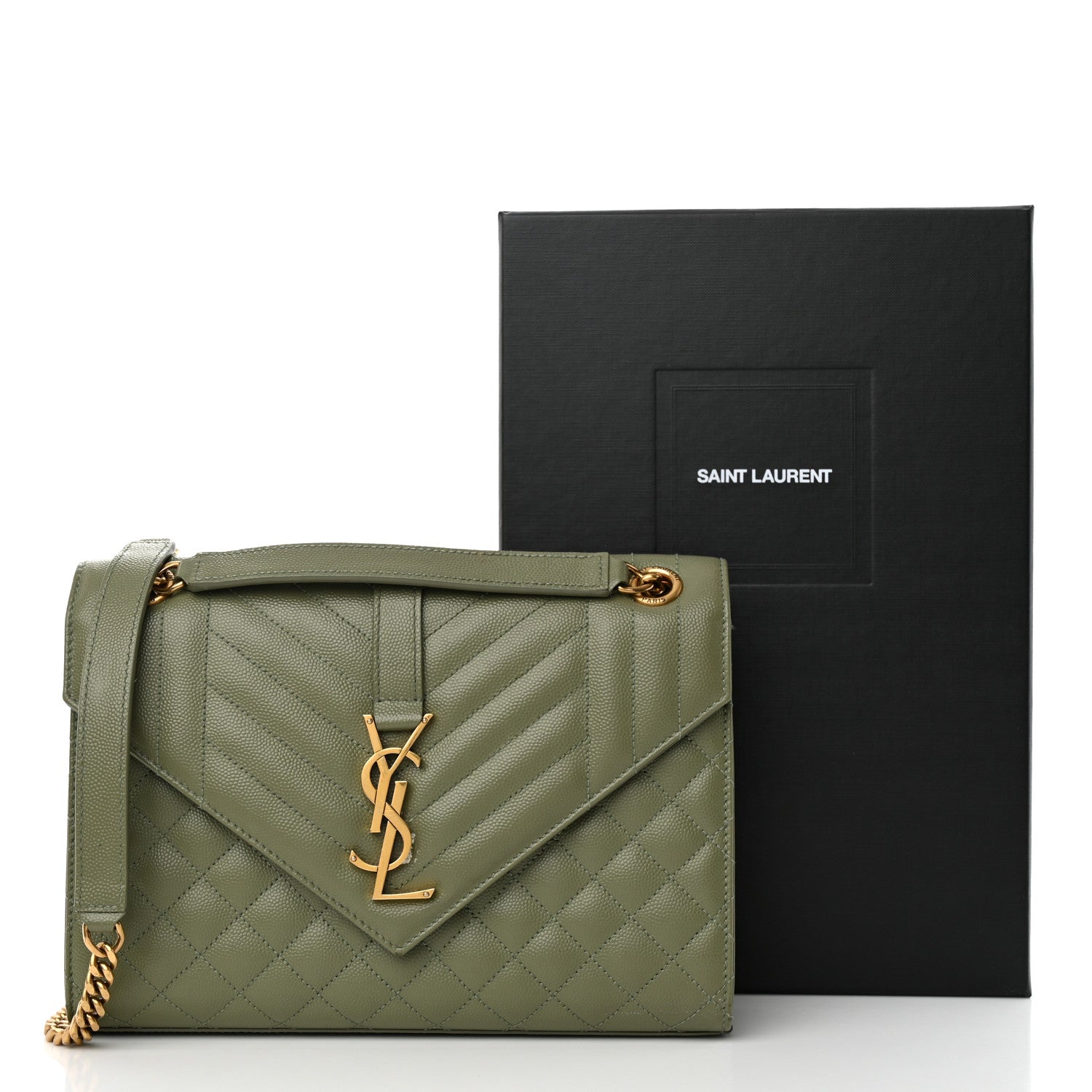 Saint Laurent Grain De Poudre Textured Mixed Matelasse Medium Triquilt Monogram Satchel Vert Kaki 17 of 17