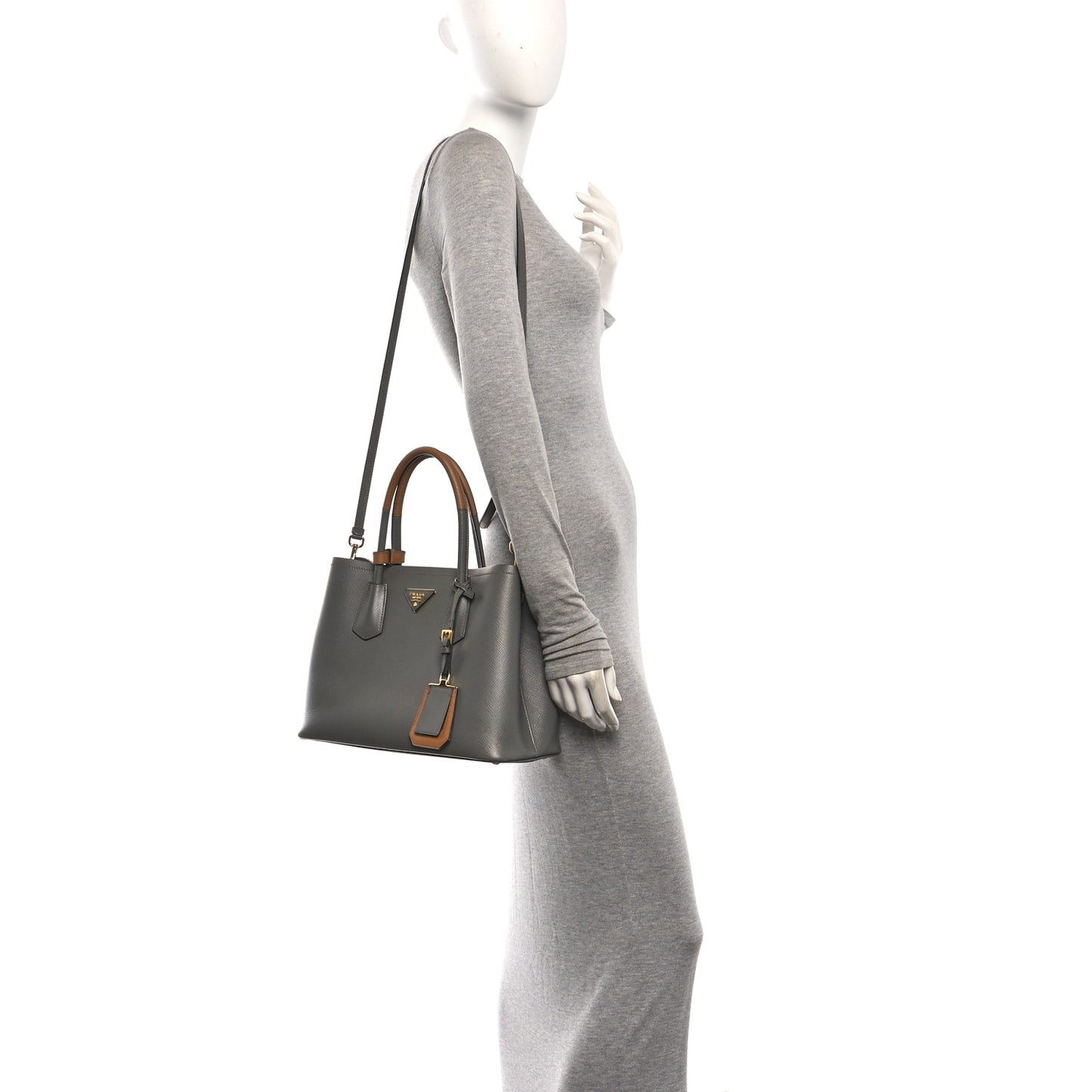 Saffiano Cuir Bi-Color Double Handle Bag Marmo Caramel