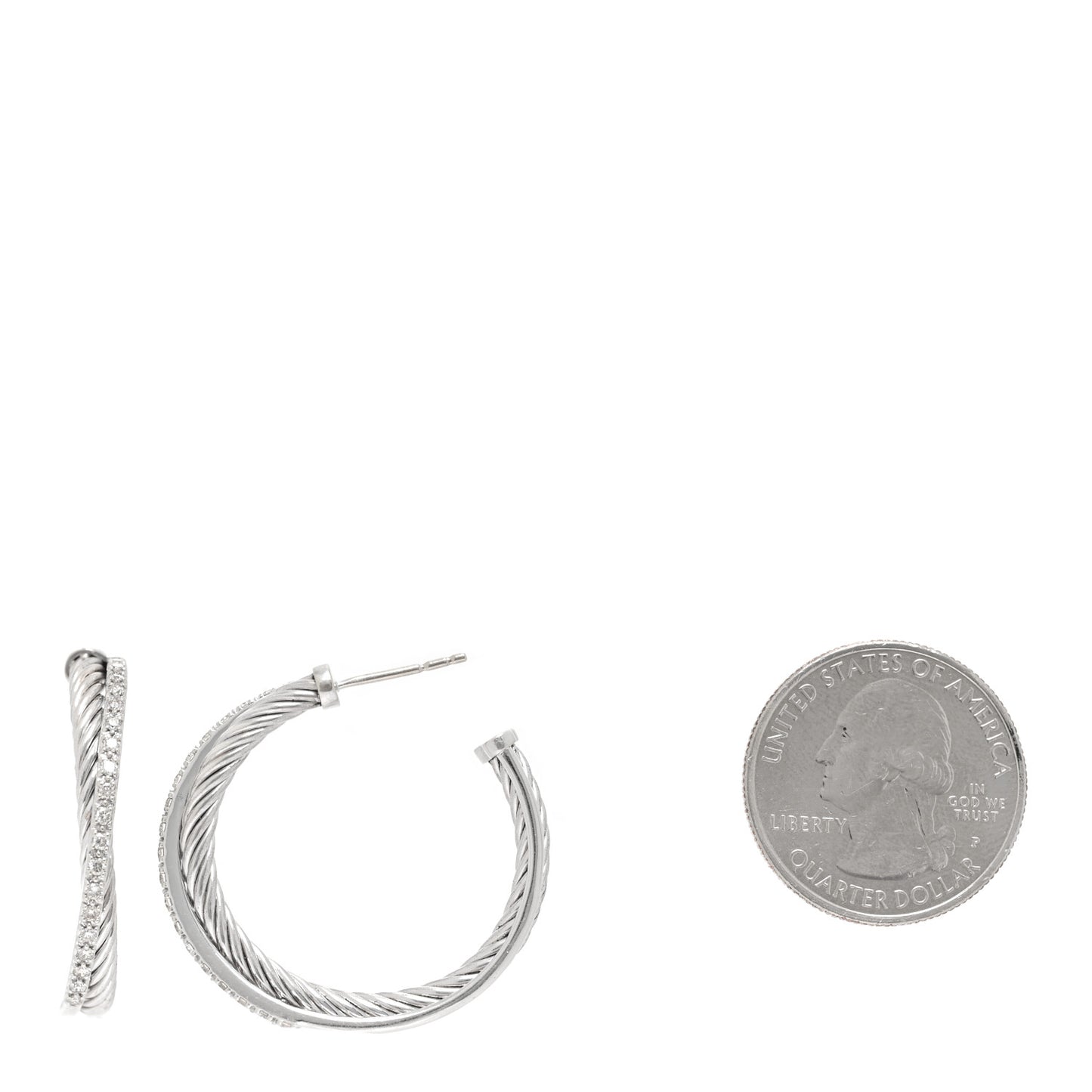 Sterling Silver 14K White Gold Diamond Medium Crossover Hoop Earrings