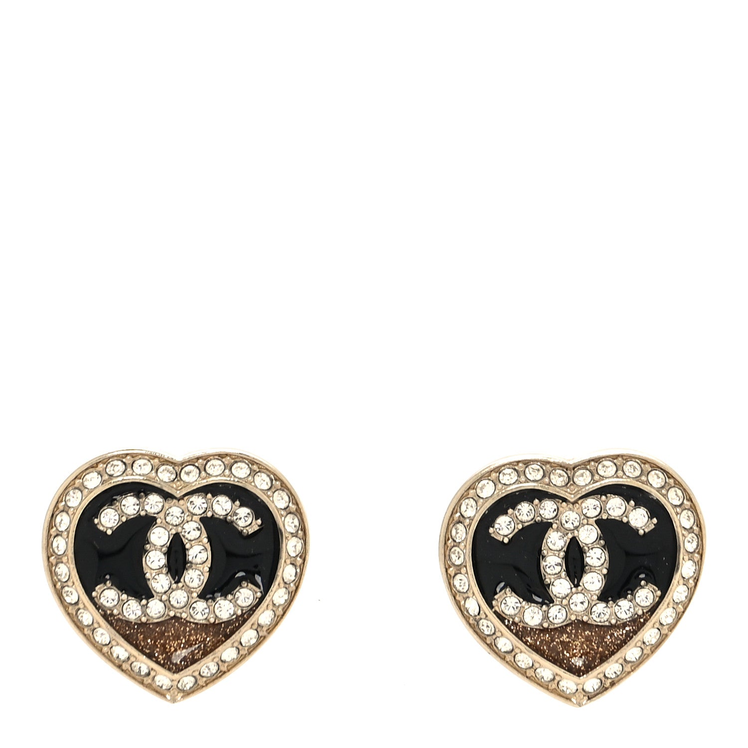 Chanel Crystal CC Heart Stud Earrings Gold Black 1 of 4