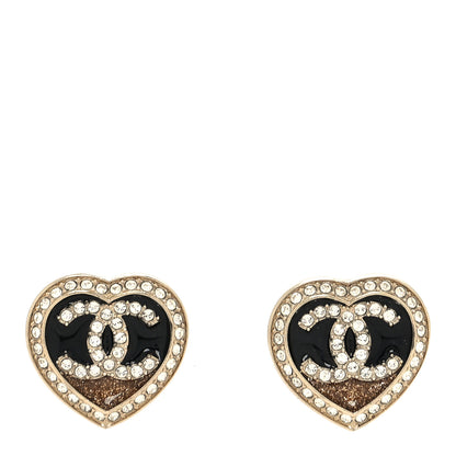 Chanel Crystal CC Heart Stud Earrings Gold Black 1 of 4
