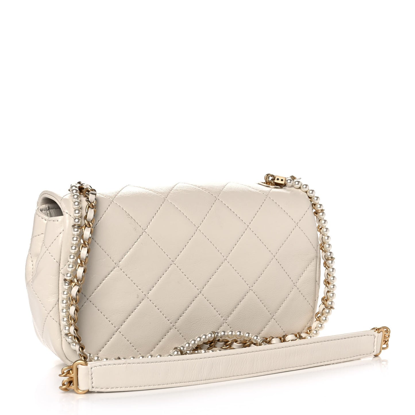 Calfskin Quilted Mini Crystal Pearls Rectangular Flap White