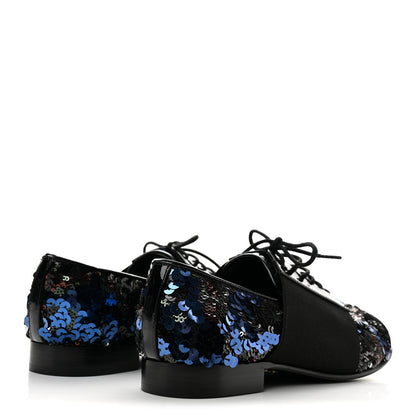 Chanel Patent Calfskin Sequin CC Cap Toe Womens Lace Up Oxfords 37.5 Blue Black 5 of 9