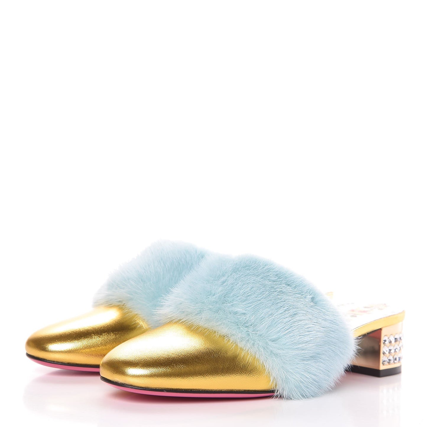Mink Nappa Crystal Candy Mules 36.5 Vibrant Turquoise Gold