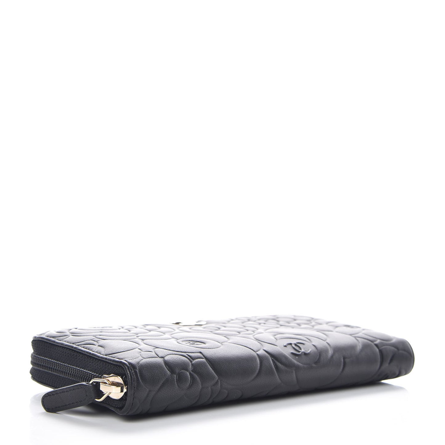 Lambskin Camellia Embossed Large Zip Around Gusset Wallet Black