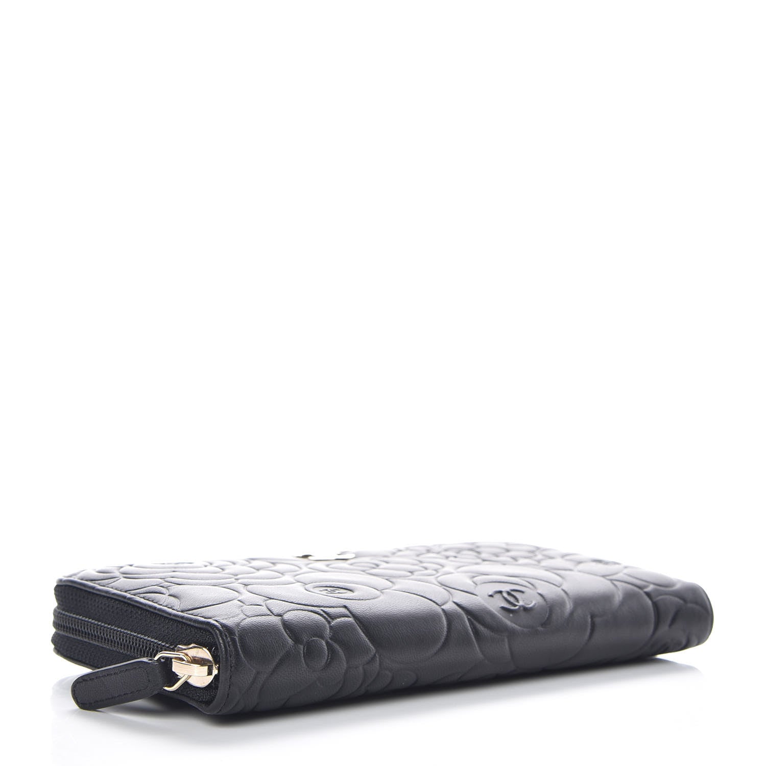 Chanel Lambskin Camellia Embossed Large Zip Around Gusset Wallet Black 4 of 11