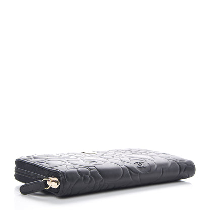 Chanel Lambskin Camellia Embossed Large Zip Around Gusset Wallet Black 4 of 11