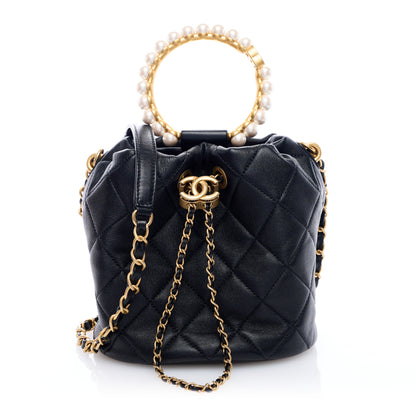 Chanel Lambskin Quilted Pearl Crown Drawstring Bag Black 1 of 9