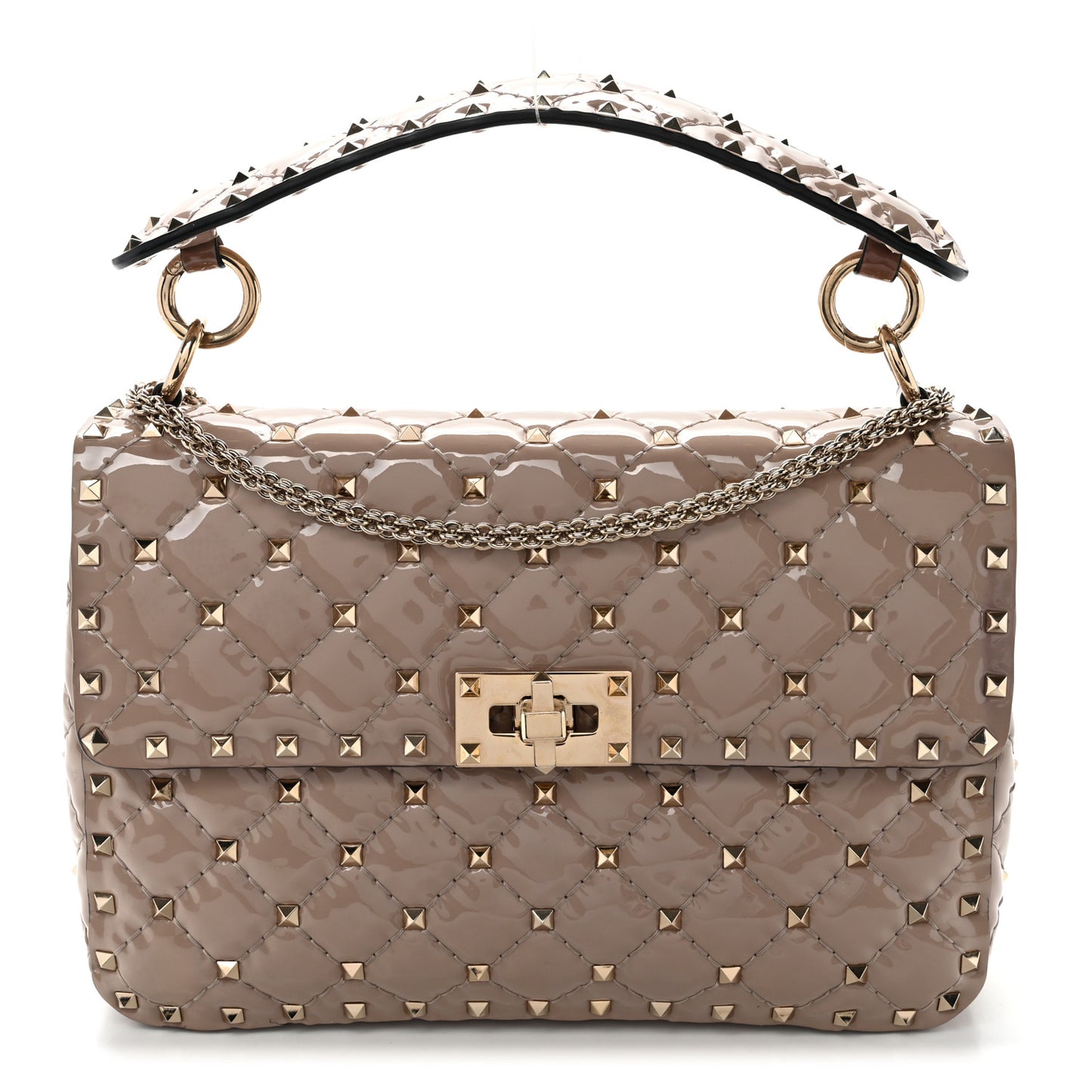 Patent Medium Rockstud Spike Shoulder Bag Poudre