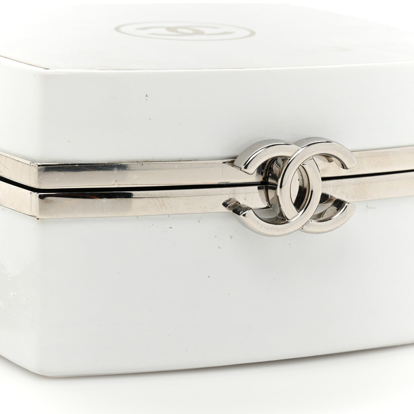 Patent Goatskin Quilted Make-Up Box Clutch With Chain White