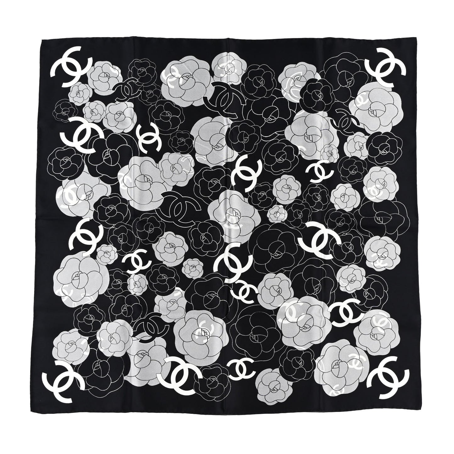 Silk CC Logo Camellia Scarf White Black