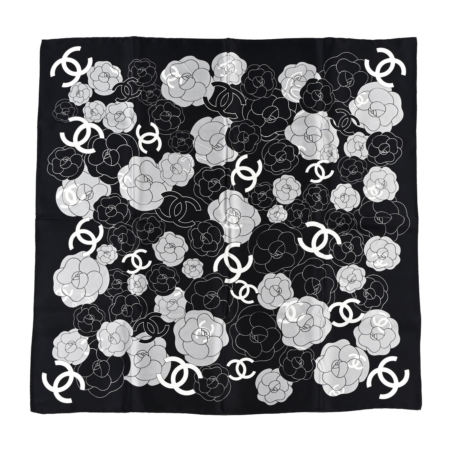 Chanel Silk CC Logo Camellia Scarf White Black 1 of 4