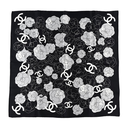 Chanel Silk CC Logo Camellia Scarf White Black 1 of 4