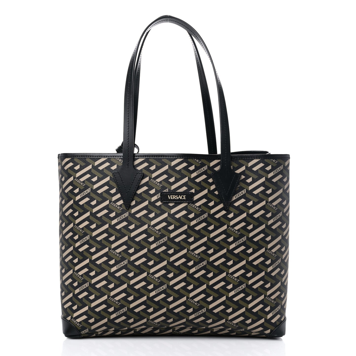 Coated Canvas Calfskin La Greca Signature Shopper Tote Bag Black Khaki