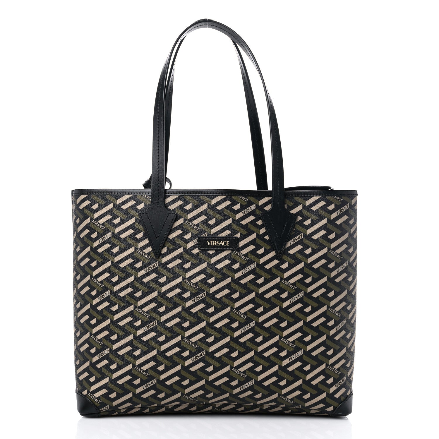 Versace Coated Canvas Calfskin La Greca Signature Shopper Tote Bag Black Khaki 2 of 12