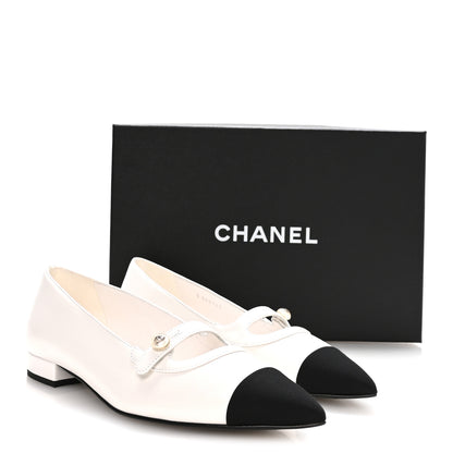 Chanel Shiny Lambskin Grosgrain Pearl Mary Janes Flats 38 White Black 9 of 9