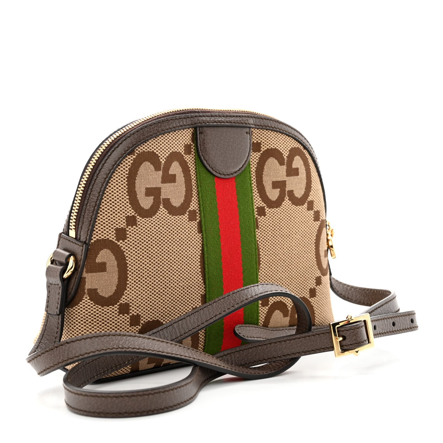 Monogram Jumbo GG Textured Dollar Calfskin Web Small Ophidia Dome Shoulder Bag Camel Ebony New Acero