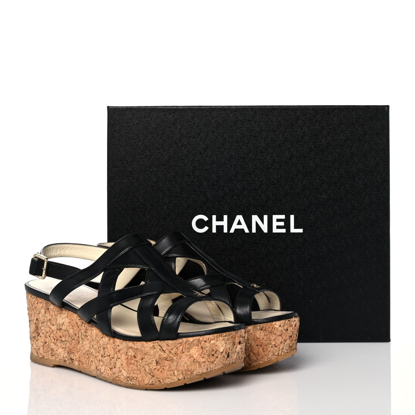 Lambskin Cork Pearl CC Platform Sandals 39.5 Black
