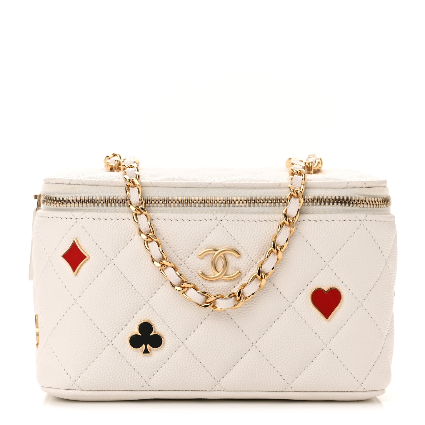 Caviar Quilted Enamel Coco Casino Small Vanity Case With Chain White