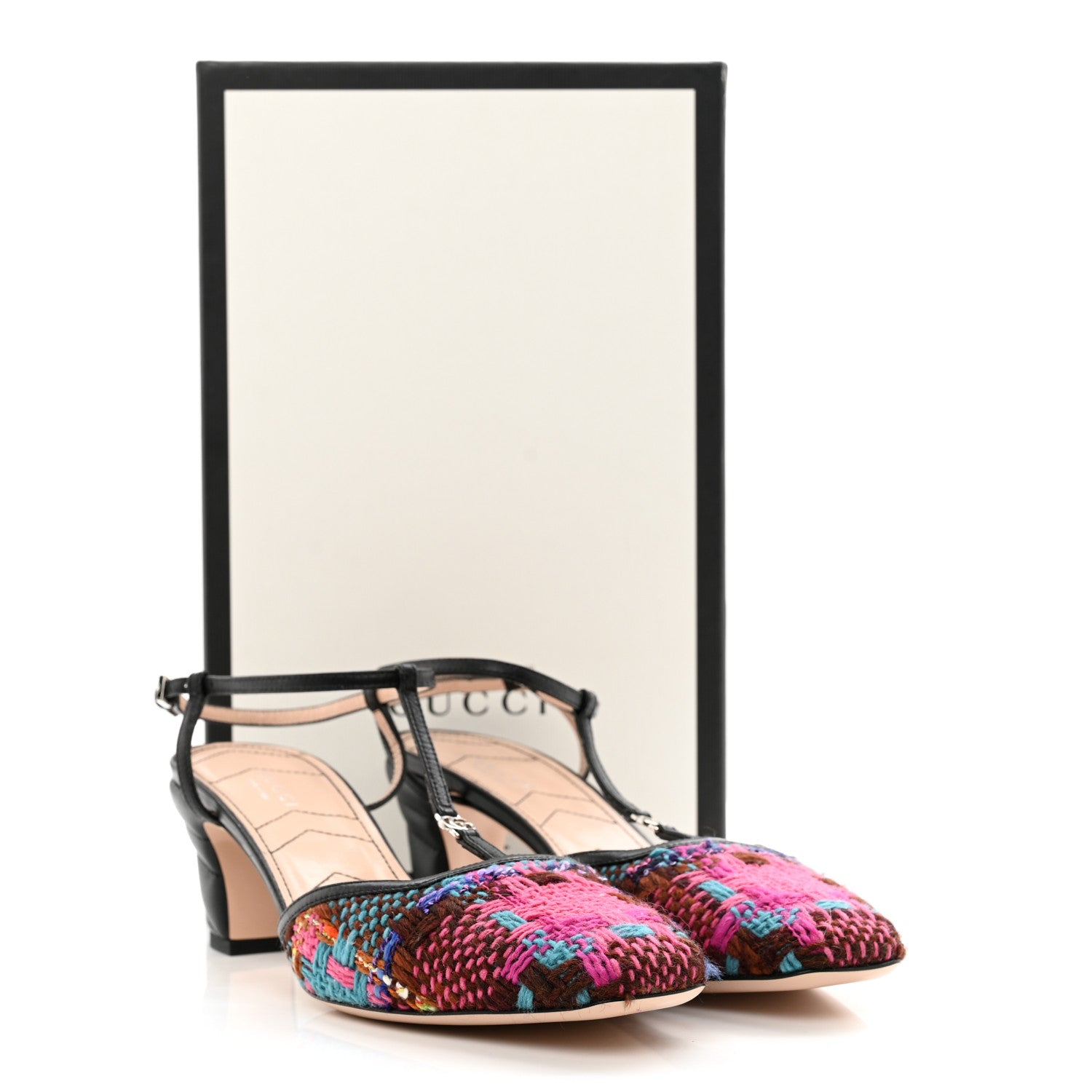 Gucci Tweed Nappa Charlotte Spicy Check Matelasse T-Strap Pumps 39 Pink Multicolor Black 12 of 12