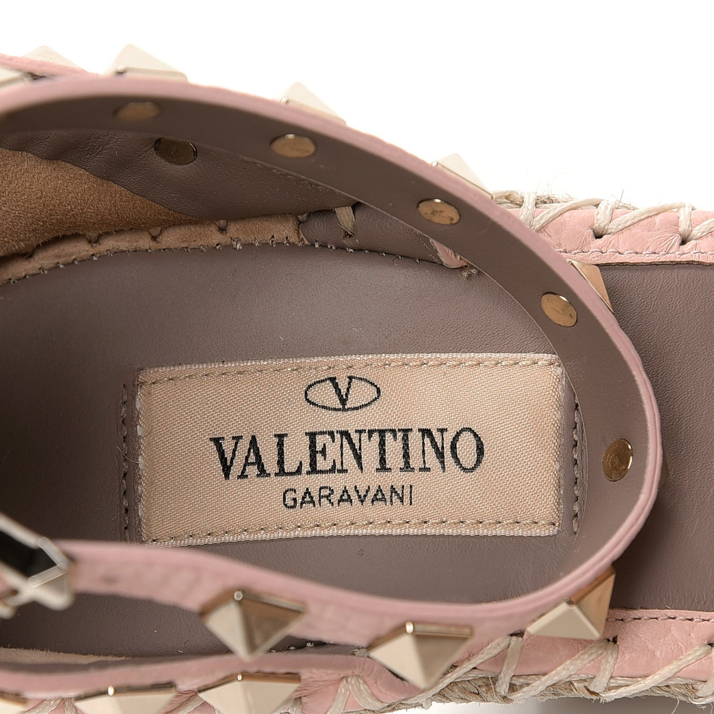 Grained Calfskin Rockstud Ankle Strap Espadrille 15/105mm Wedge Sandals 35 Rose Quartz Natural