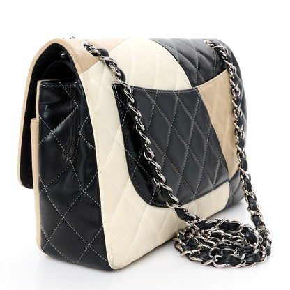 Chanel Lambskin Quilted Colorblock Jumbo Double Flap Black White Beige 3 of 13