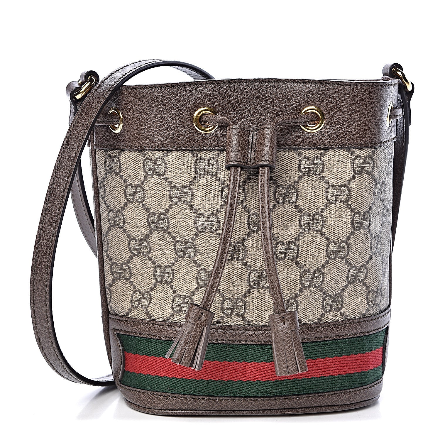 Gucci GG Supreme Monogram Web Mini Ophidia Bucket Bag Brown 1 of 10