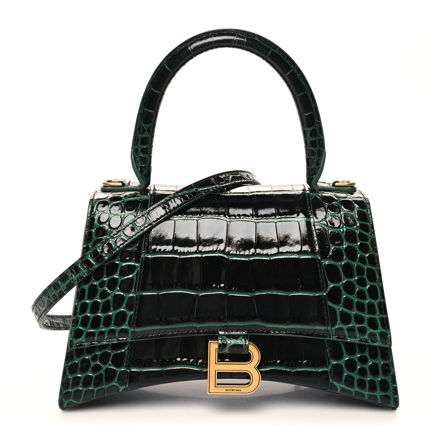 Shiny Calfskin Crocodile Embossed Small Hourglass Top Handle Bag Forest Green