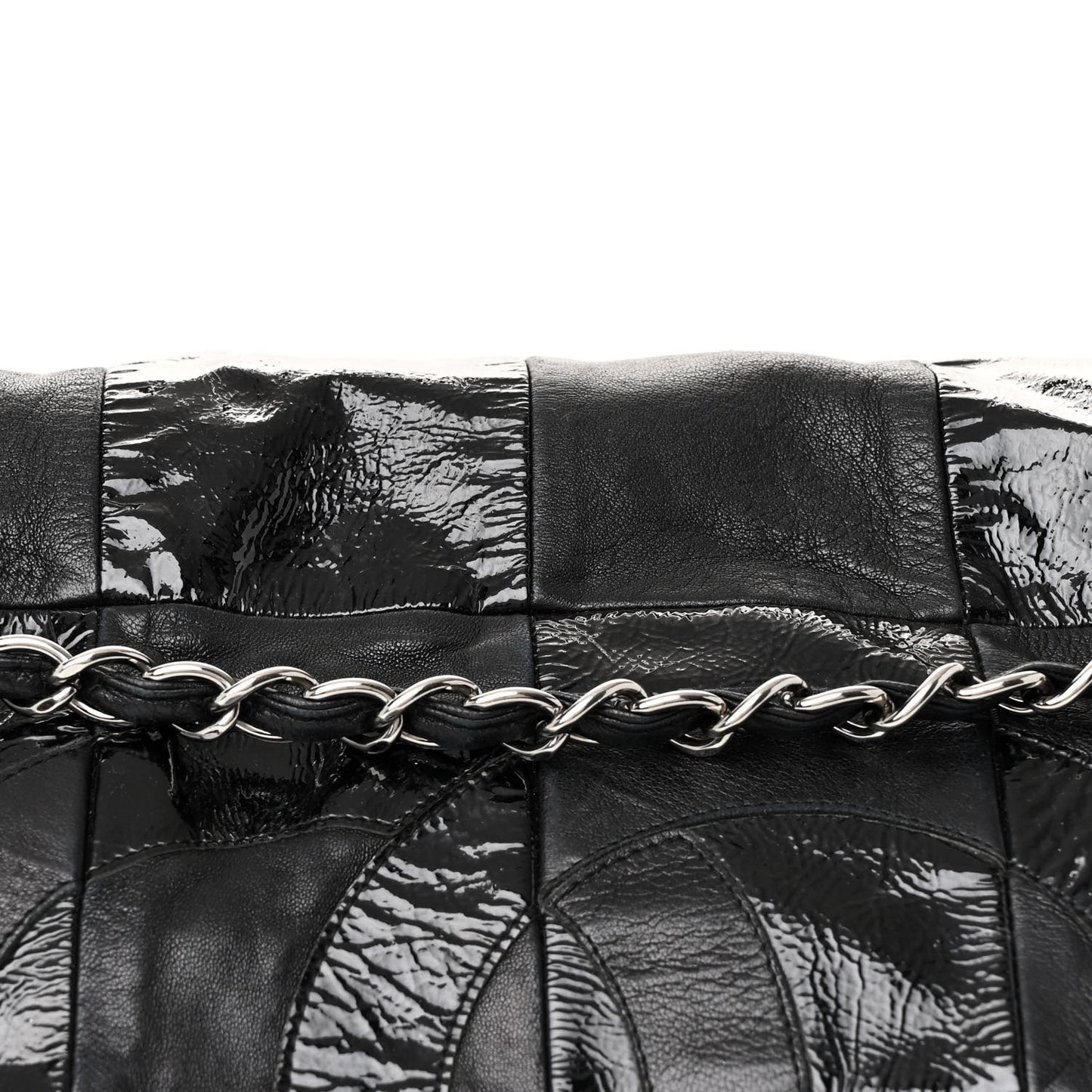 Lambskin Patent Calfskin Brooklyn Patchwork Accordion Flap Black