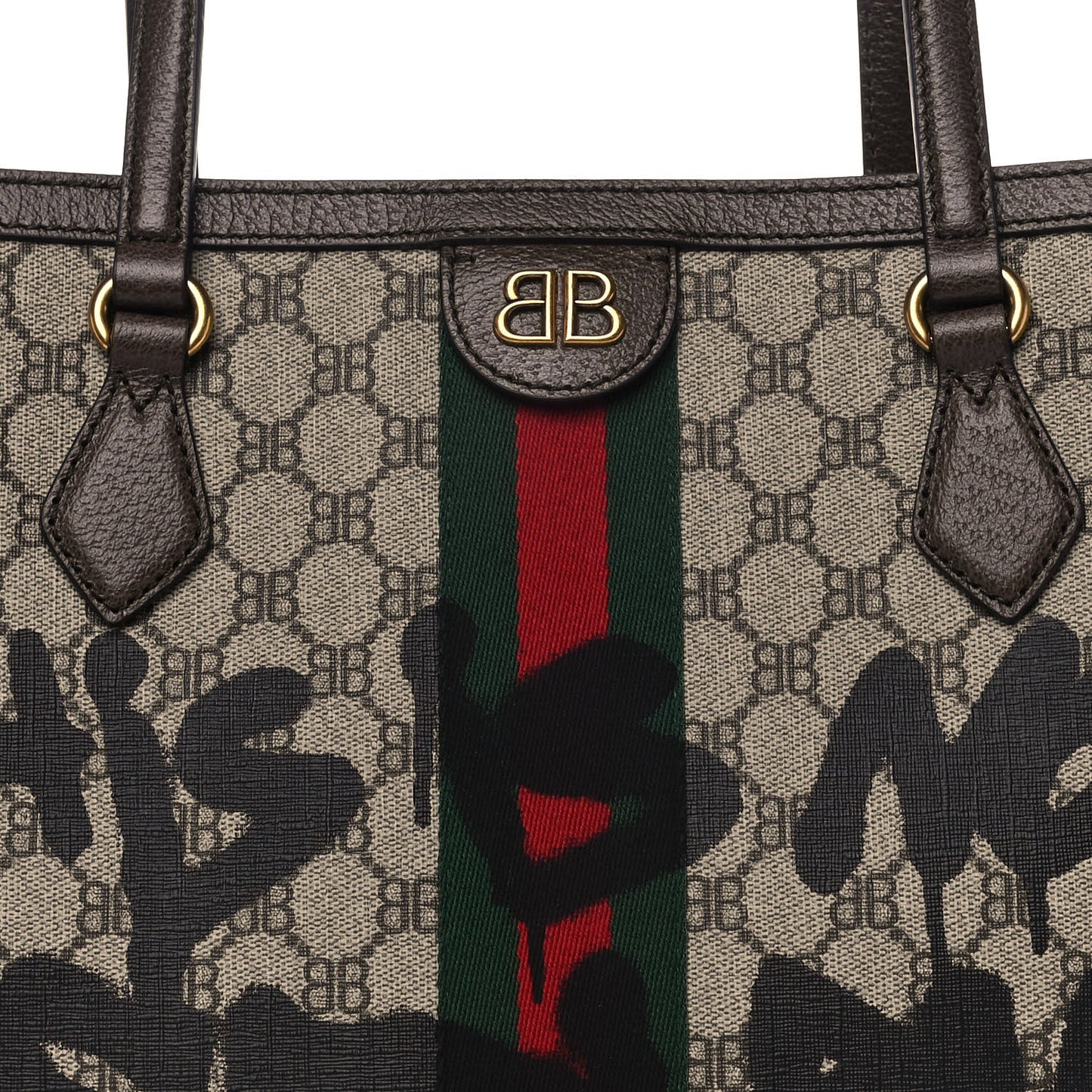 X BALENCIAGA BB Supreme Monogram Web Graffiti Medium Ophidia Shopping Tote Beige New Acero