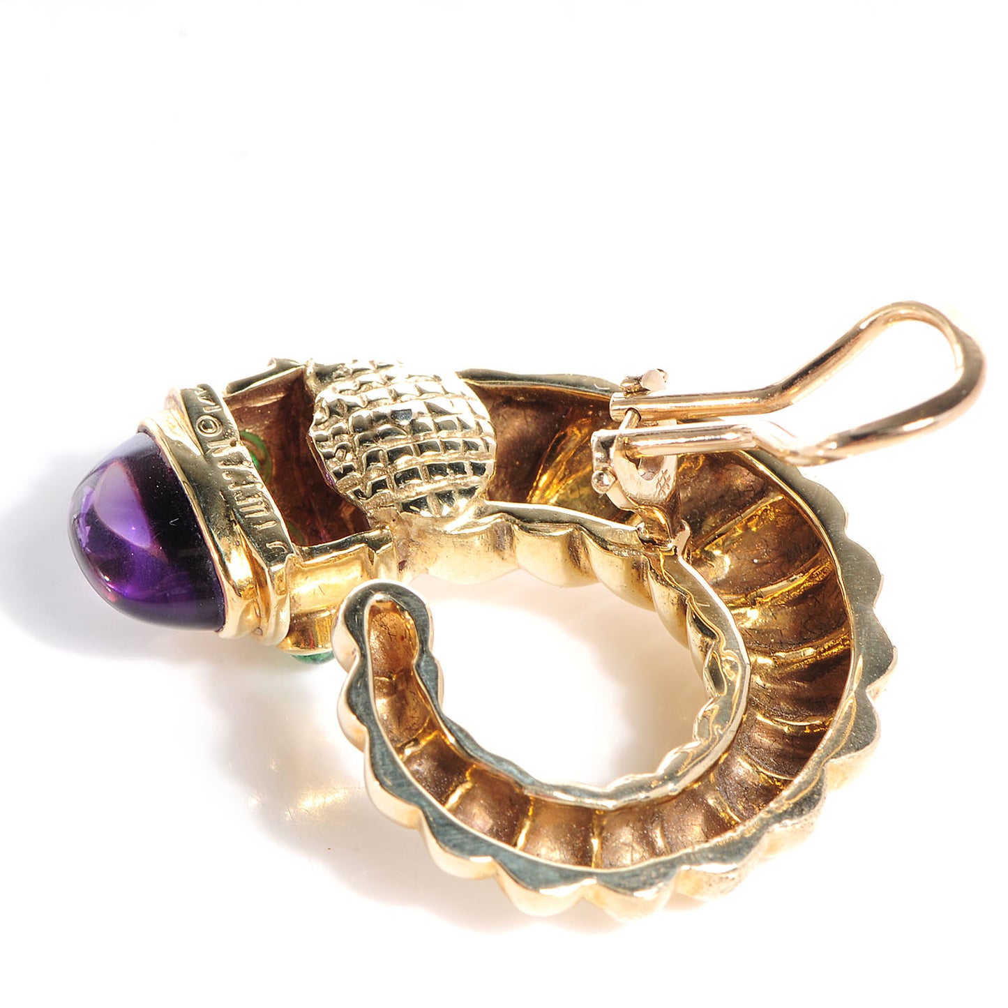 14k Yellow Gold Amethyst and Emerald Renaissance Shrimp Clip On Earring