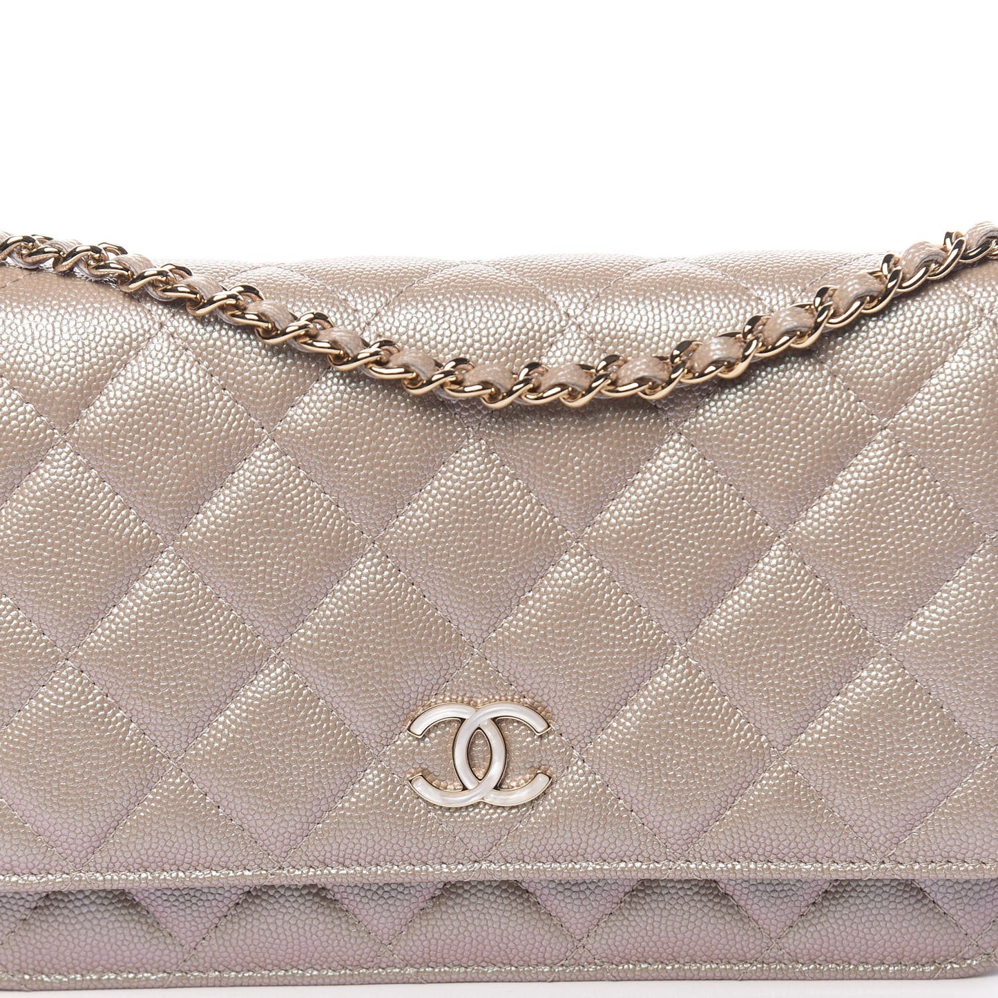 Iridescent Caviar Quilted Wallet On Chain WOC Beige