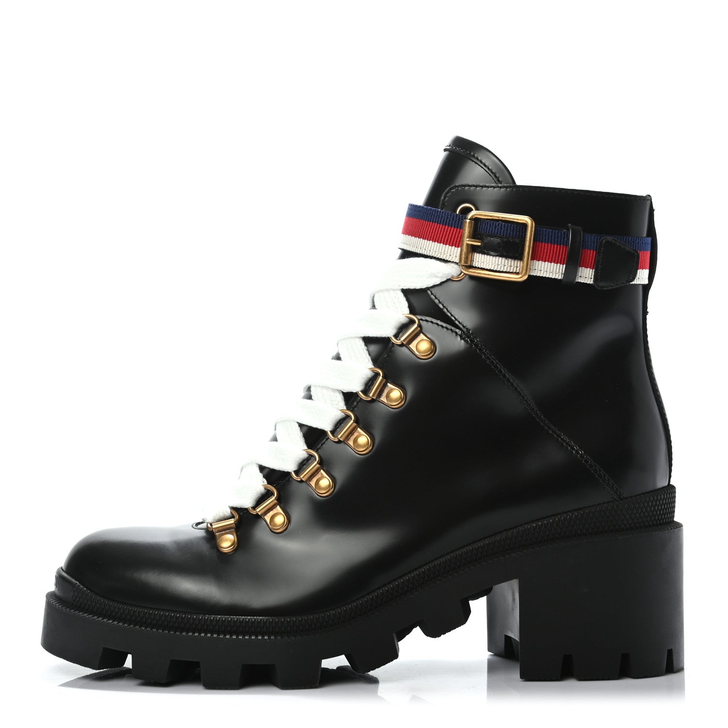 Gucci Calfskin Sylvie Web Lace Up Combat Boots 38.5 Black 1 of 7