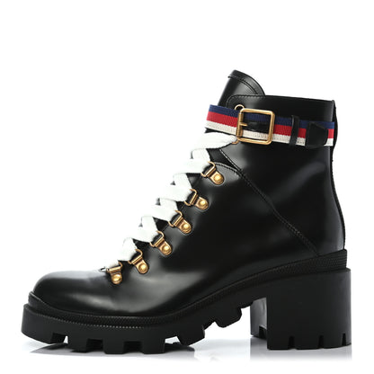 Gucci Calfskin Sylvie Web Lace Up Combat Boots 38.5 Black 1 of 7