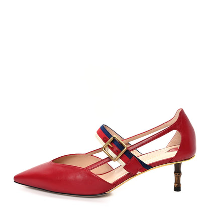 Gucci Malaga Kid Grosgrain Sylvie Web Bamboo Low Heel Pumps 38 Hibiscus Red 1 of 8