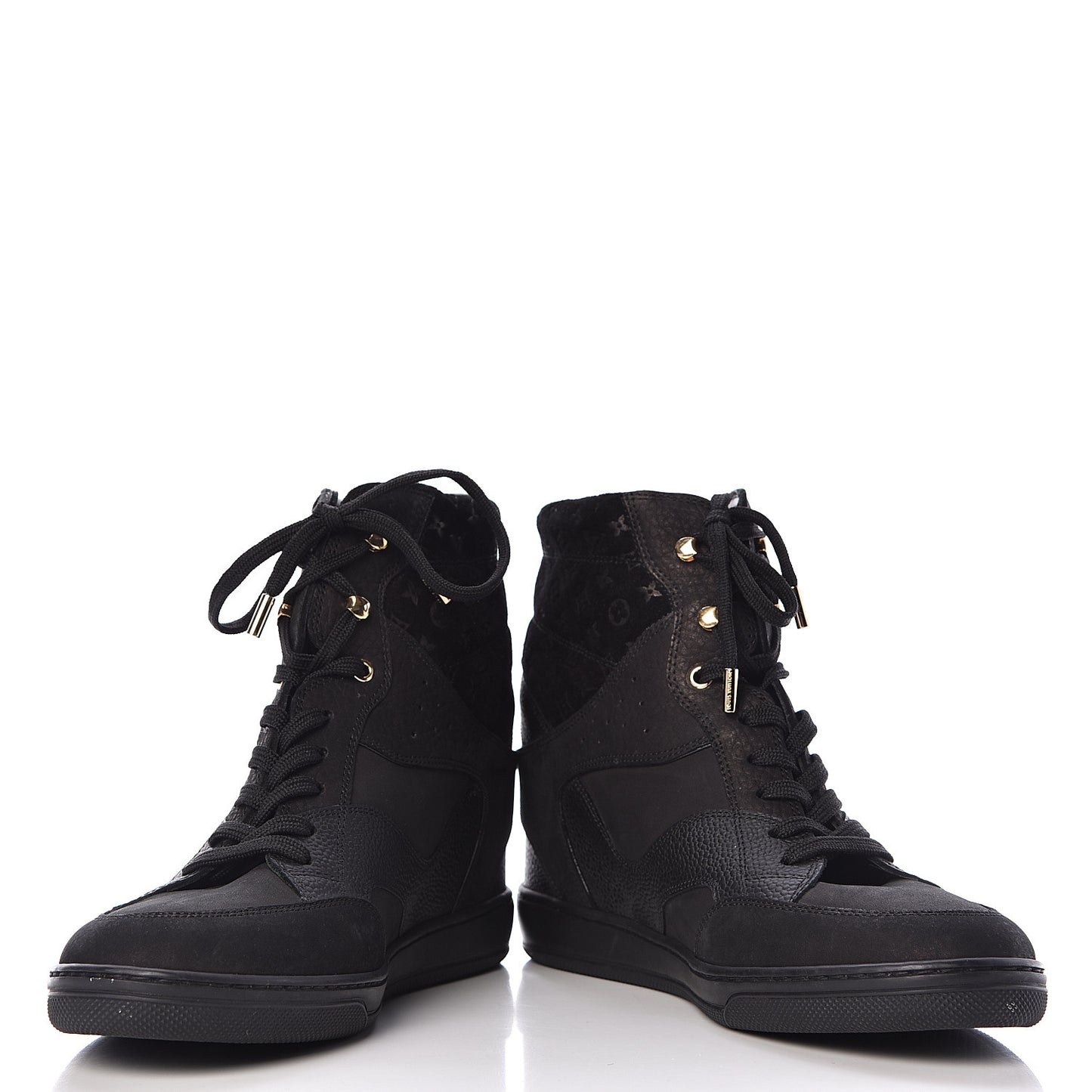 Calfskin Suede Monogram Cliff Top Wedge Sneakers 41 Black