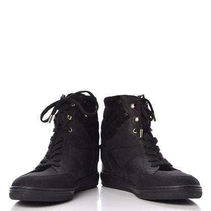 Louis Vuitton Calfskin Suede Monogram Cliff Top Wedge Sneakers 41 Black 5 of 13