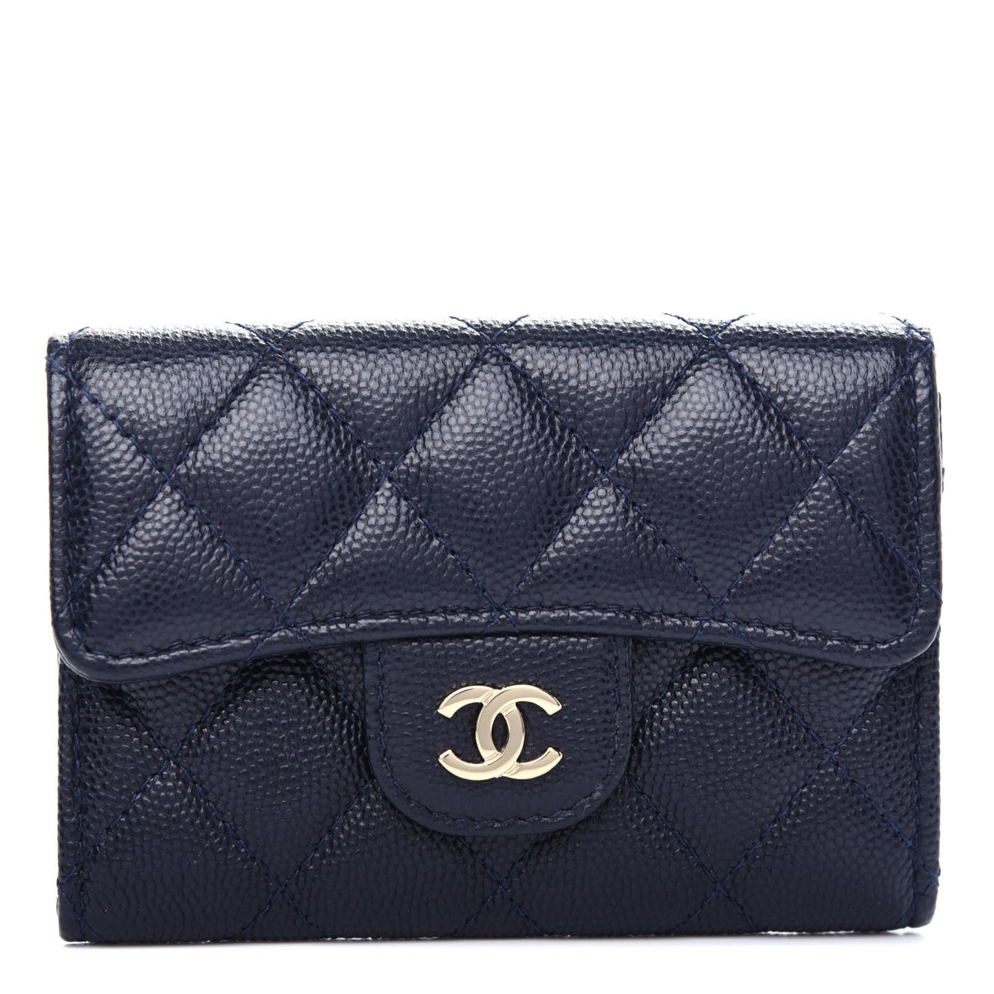 Caviar Quilted Flap Card Holder Wallet Navy Blue