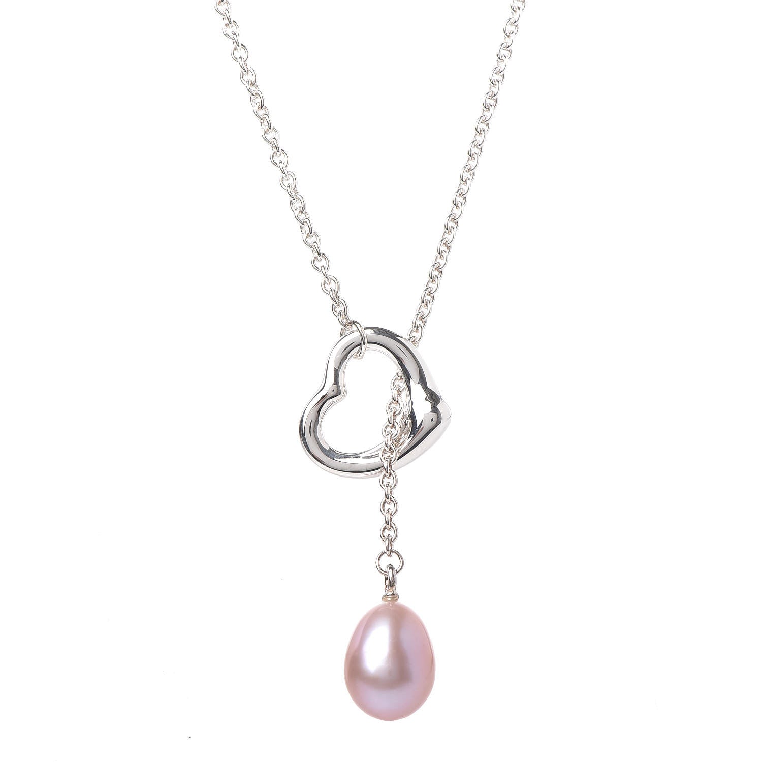 Tiffany Sterling Silver Pink Pearl 9-9.5mm Elsa Peretti Open Heart Lariat Necklace 4 of 8